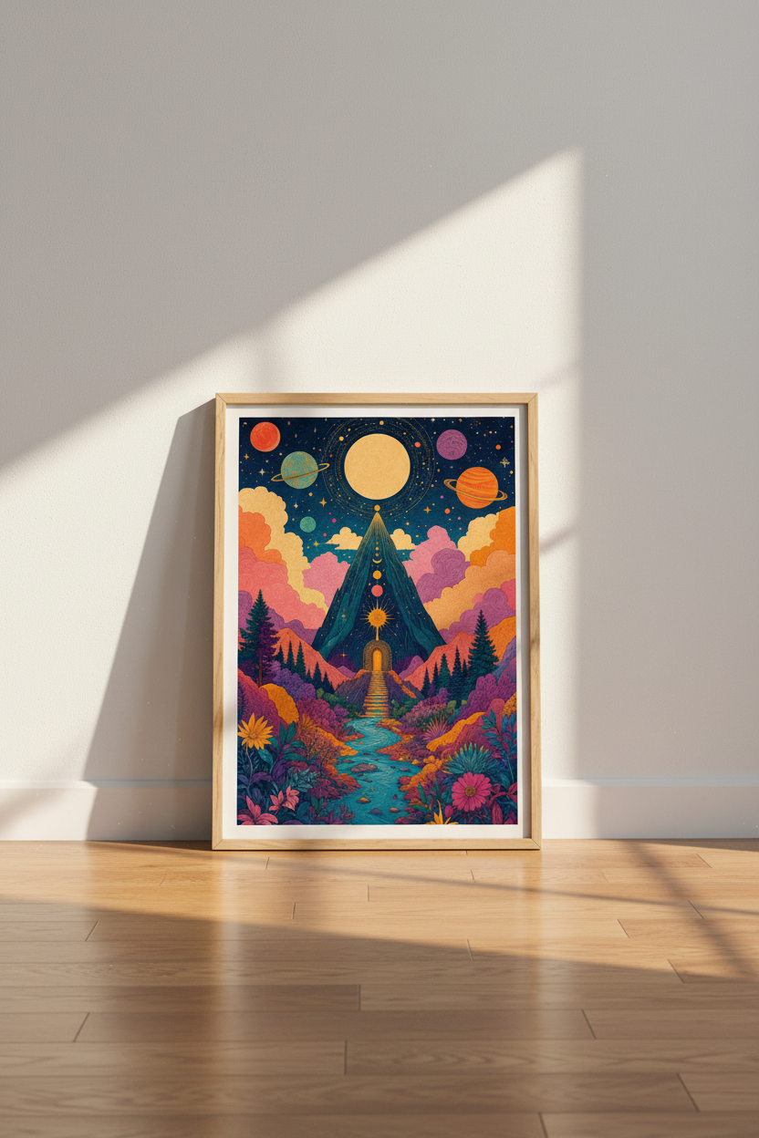 Celestial Mountain Portal Wall Art | Psychedelic Galaxy Print | Colorful Boho Poster