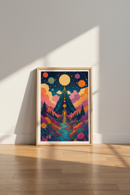 Celestial Mountain Portal Wall Art | Psychedelic Galaxy Print | Colorful Boho Poster