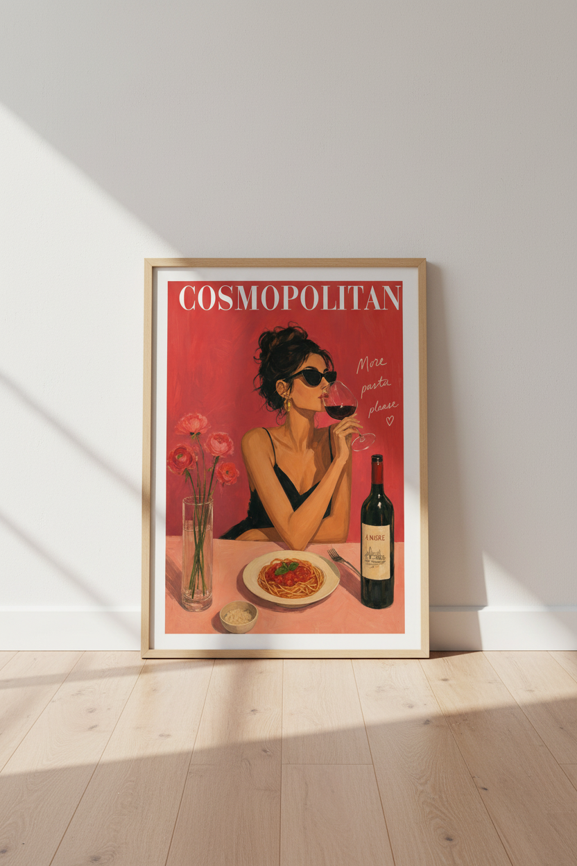 Italian Pasta &amp; Wine Wall Art | Retro Pink &amp; Red Magazine Poster | Chic Kitchen Decor