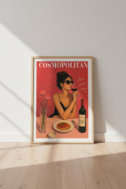 Italian Pasta &amp; Wine Wall Art | Retro Pink &amp; Red Magazine Poster | Chic Kitchen Decor