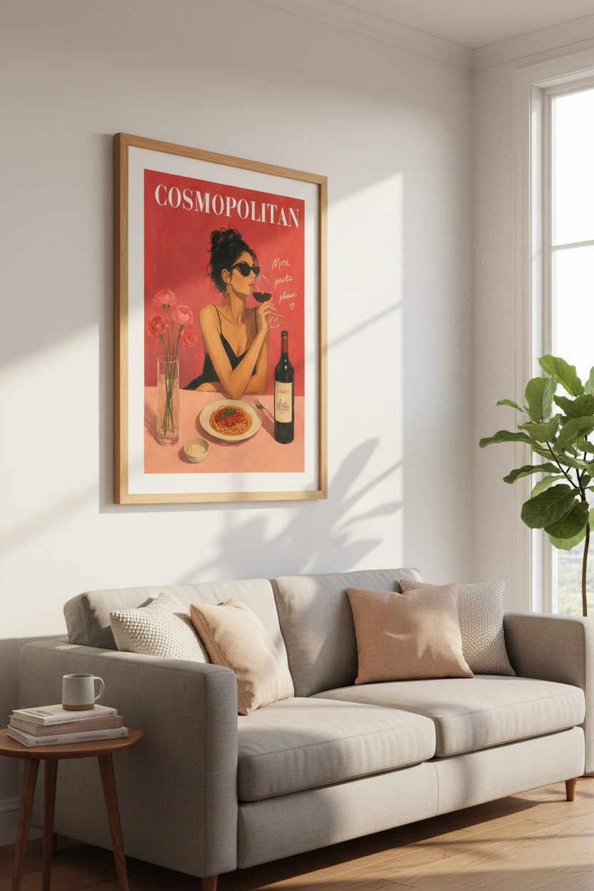 Italian Pasta &amp; Wine Wall Art | Retro Pink &amp; Red Magazine Poster | Chic Kitchen Decor
