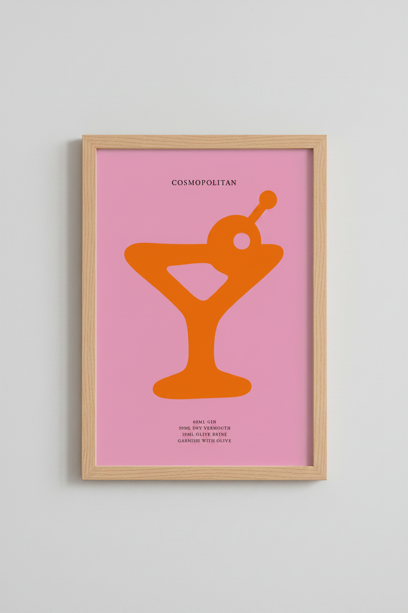 Cosmopolitan Cocktail Print | Pink &amp; Orange Modern Bar Art, Kitchen Poster