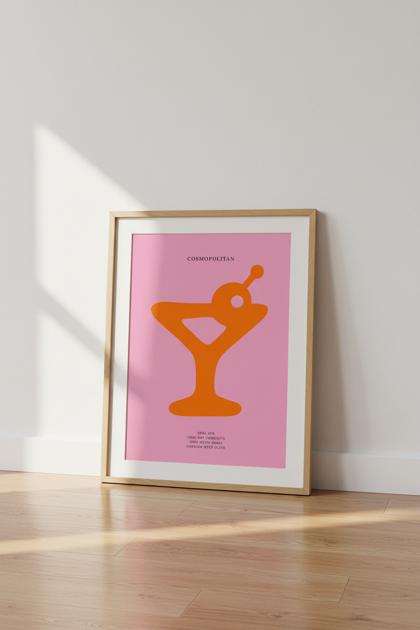 Cosmopolitan Cocktail Print | Pink &amp; Orange Modern Bar Art, Kitchen Poster