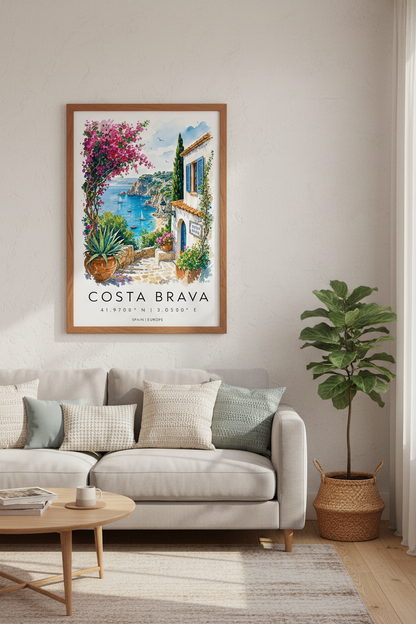 Costa Brava Spain Watercolor Travel Poster | Coastal Mediterranean Wall Art Print