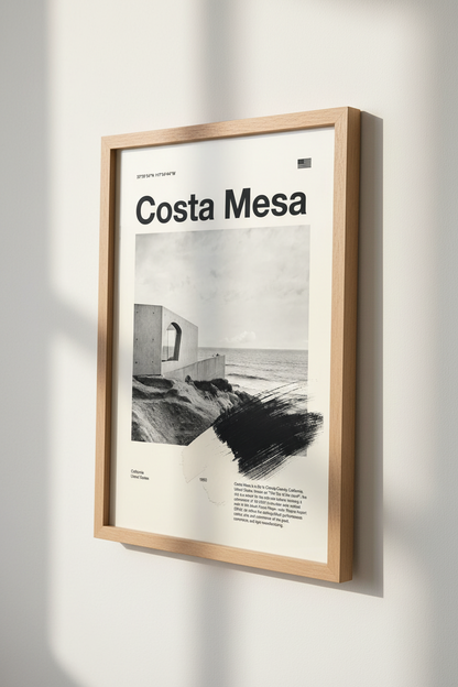 Costa Mesa California Poster | Minimalist Black and White Wall Art, Modern Home Decor