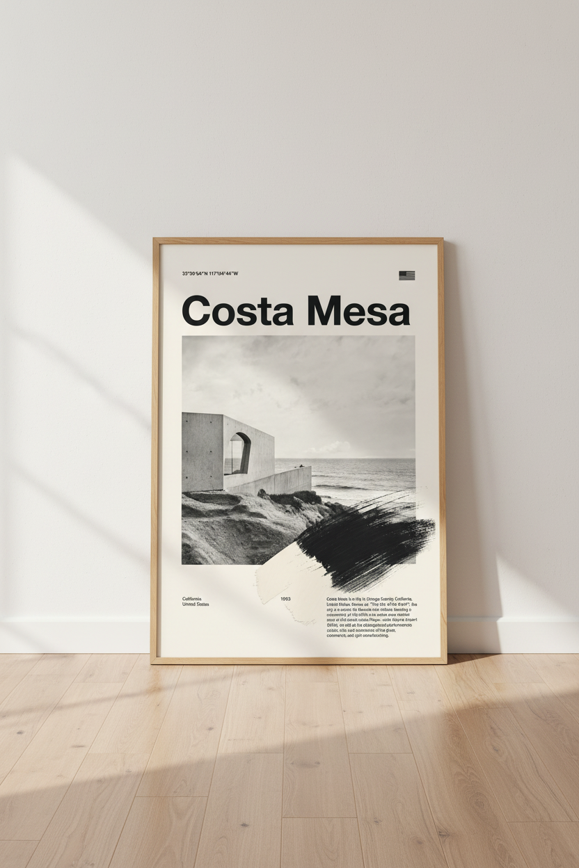 Costa Mesa California Poster | Minimalist Black and White Wall Art, Modern Home Decor