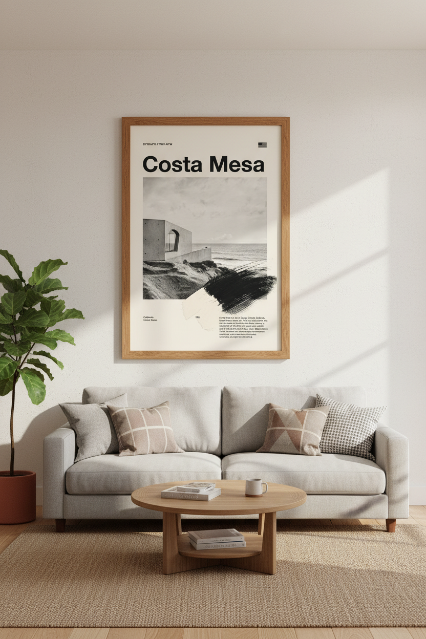 Costa Mesa California Poster | Minimalist Black and White Wall Art, Modern Home Decor