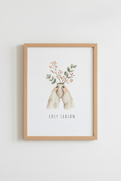 Cosy Season Watercolor Wall Art | Autumn Botanical Print, Neutral Hygge Decor