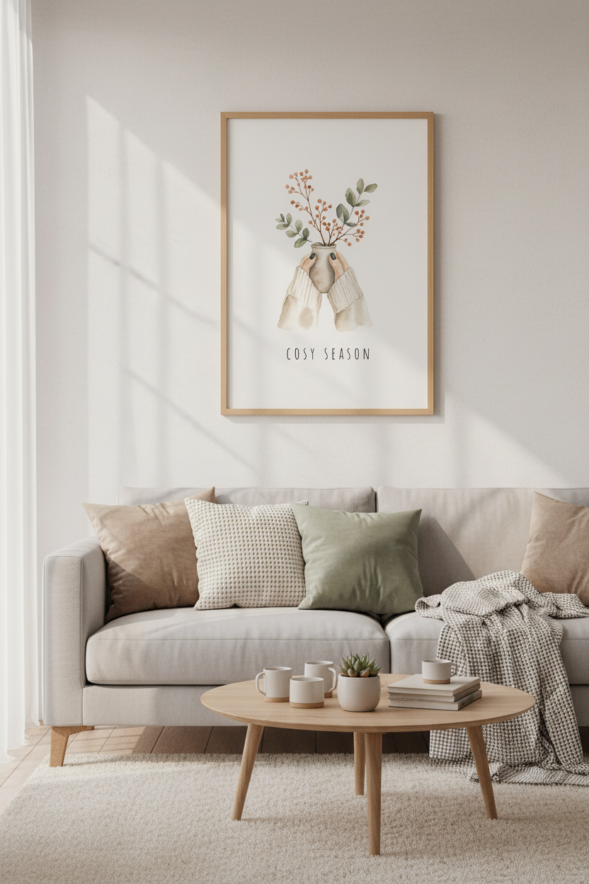 Cosy Season Watercolor Wall Art | Autumn Botanical Print, Neutral Hygge Decor