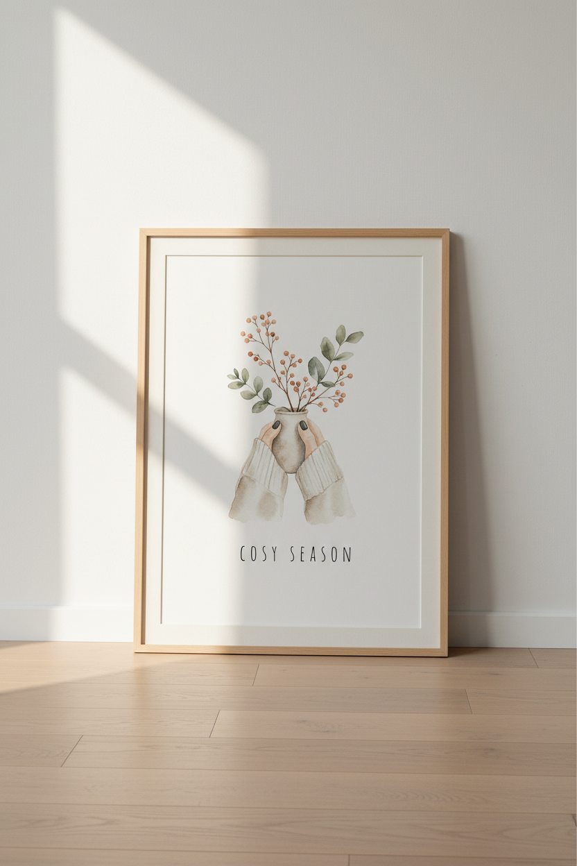 Cosy Season Watercolor Wall Art | Autumn Botanical Print, Neutral Hygge Decor