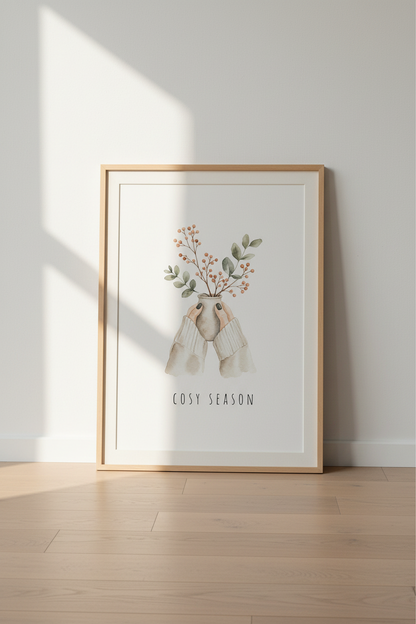 Cosy Season Watercolor Wall Art | Autumn Botanical Print, Neutral Hygge Decor