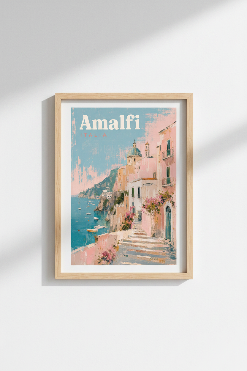 Amalfi Coast Art Print | Vintage Italy Travel Poster, Pastel Coastal Decor