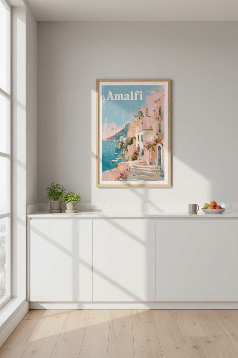 Amalfi Coast Art Print | Vintage Italy Travel Poster, Pastel Coastal Decor