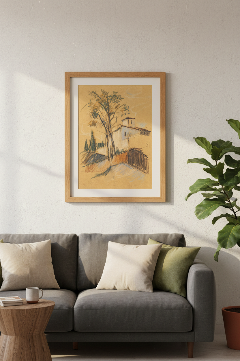 Vintage Villa Landscape | Earthy Neutral Sketch, Mediterranean Wall Art