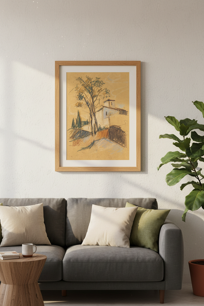 Vintage Villa Landscape | Earthy Neutral Sketch, Mediterranean Wall Art
