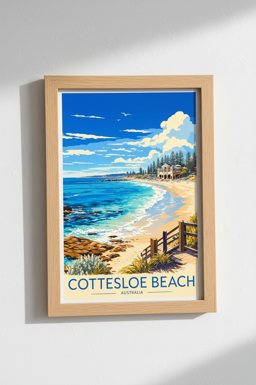 Cottesloe Beach Australia Travel Poster | Coastal Perth Wall Art Print | Beach House Decor