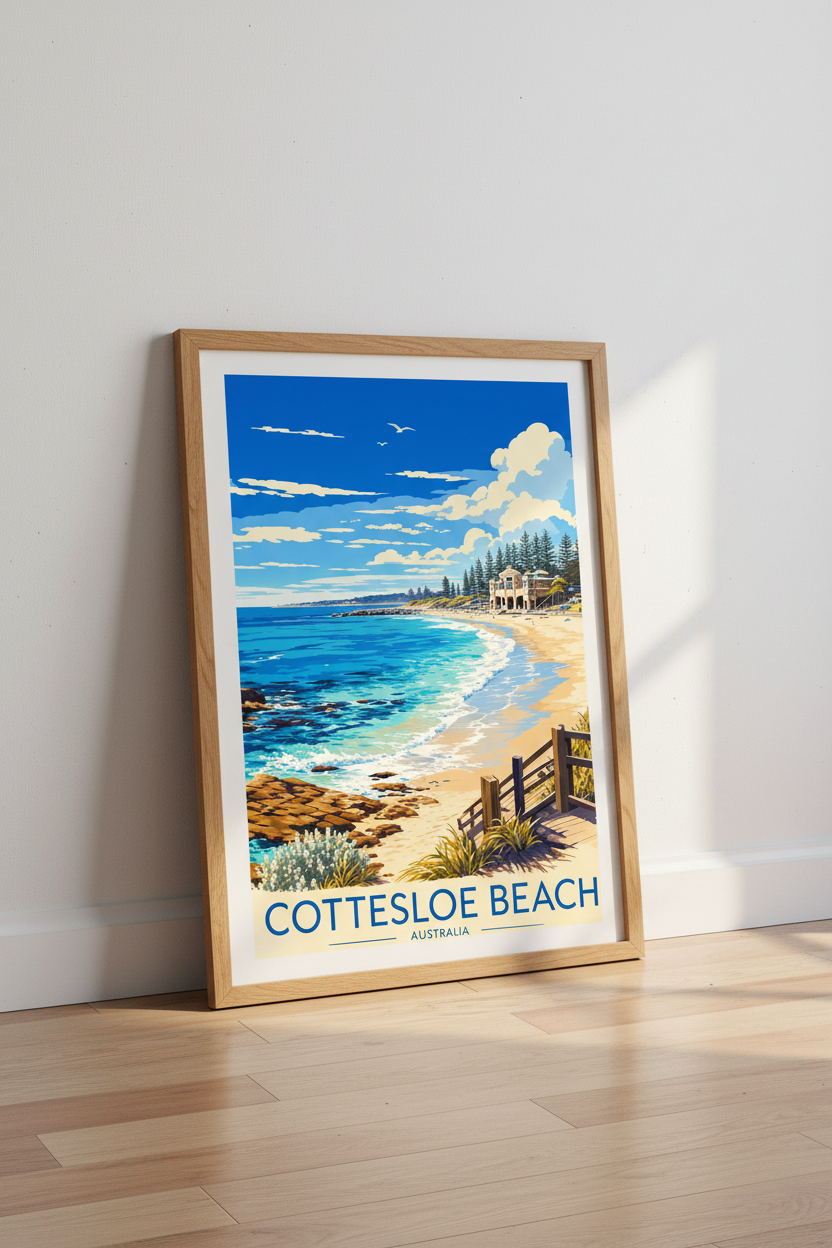 Cottesloe Beach Australia Travel Poster | Coastal Perth Wall Art Print | Beach House Decor