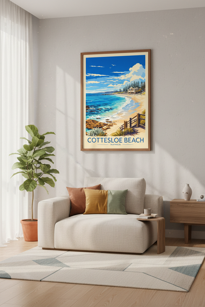 Cottesloe Beach Australia Travel Poster | Coastal Perth Wall Art Print | Beach House Decor