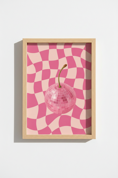 Pink Cherry Disco Ball Print | Retro Checkered Wall Art | Preppy Pink Dorm Decor