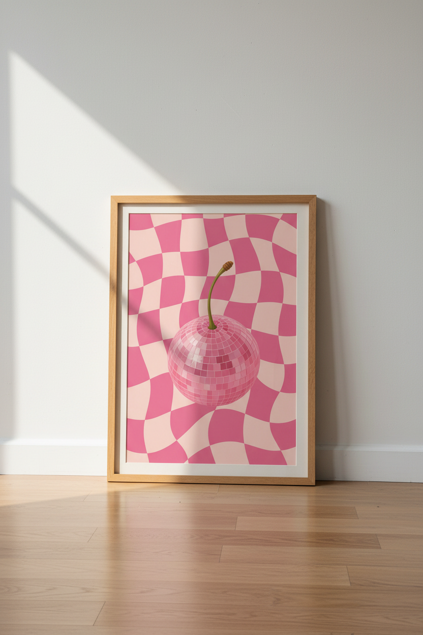 Pink Cherry Disco Ball Print | Retro Checkered Wall Art | Preppy Pink Dorm Decor