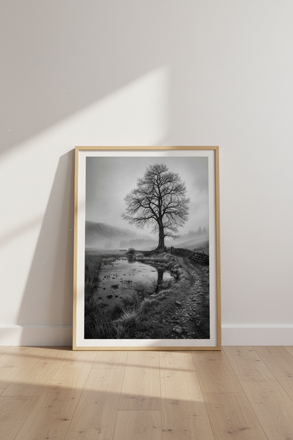 Moody Nature Wall Art | Black and White Tree Photography, Misty Landscape Poster