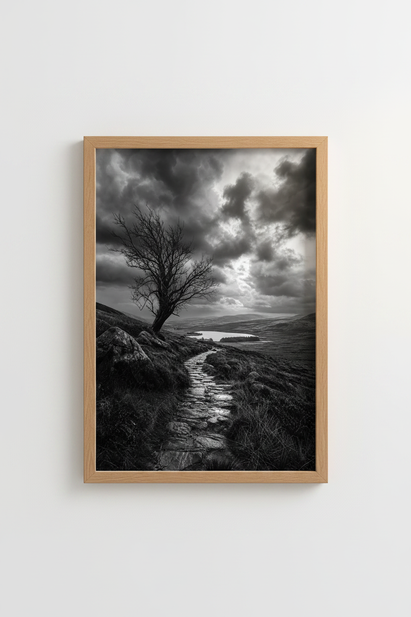 Moody Nature Wall Art | Black and White Landscape, Highland Tree Poster