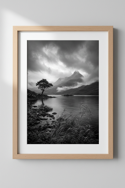 Moody Landscape Print | Black and White Mountain Poster, Dark Nature Wall Art