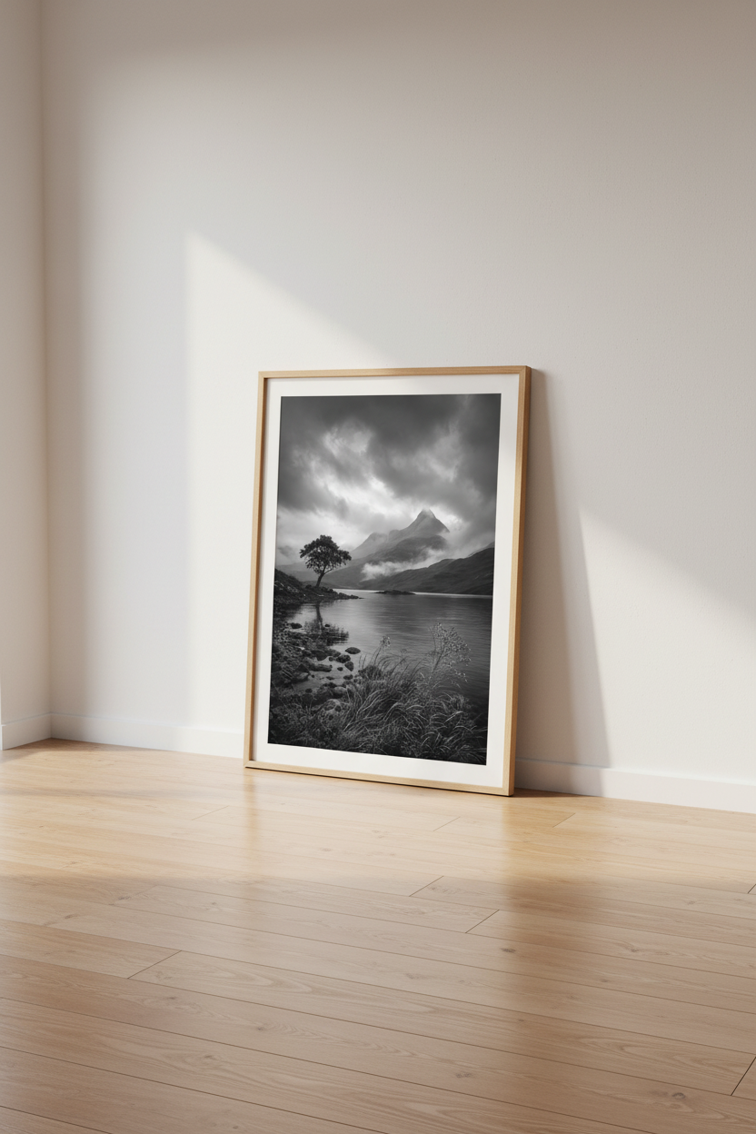 Moody Landscape Print | Black and White Mountain Poster, Dark Nature Wall Art