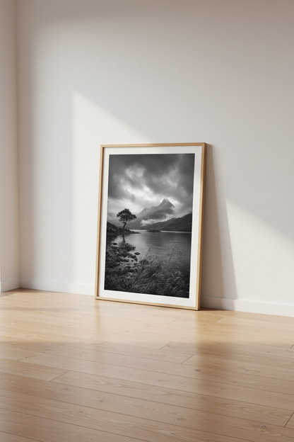 Moody Landscape Print | Black and White Mountain Poster, Dark Nature Wall Art