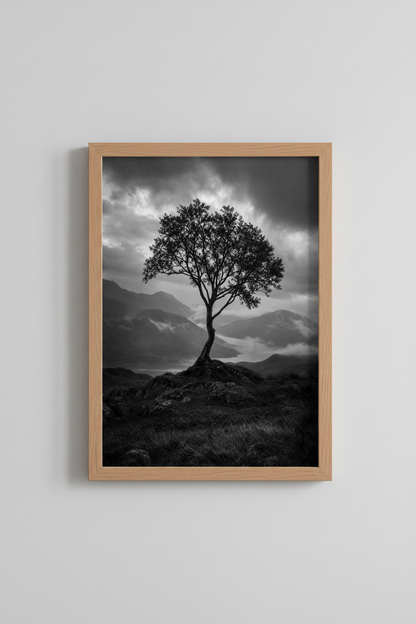 Nature Landscape Poster | Moody Black and White Tree, Mountain Valley Wall Decor