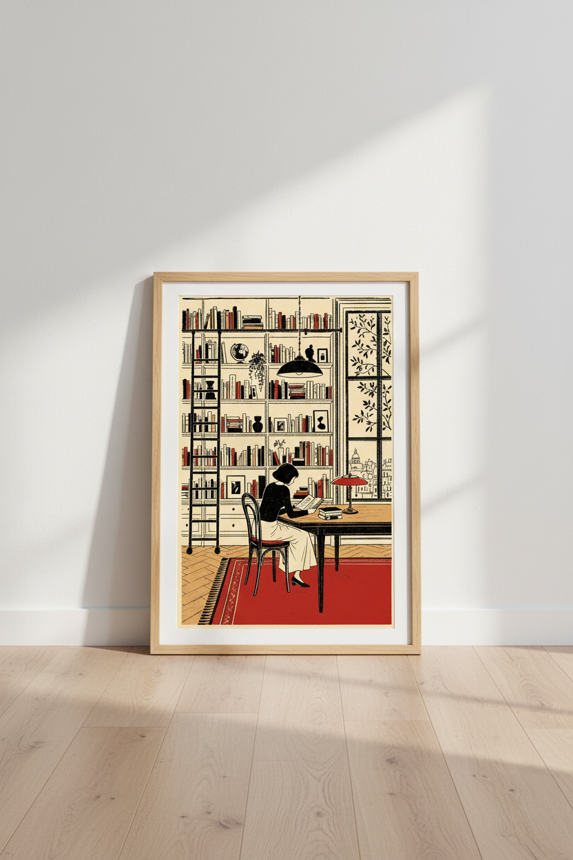 Retro Library Reading Nook Art | Mid Century Bookish Decor, Home Office Poster