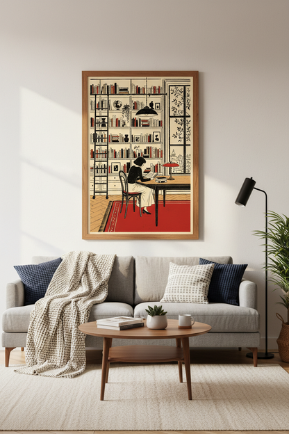 Retro Library Reading Nook Art | Mid Century Bookish Decor, Home Office Poster