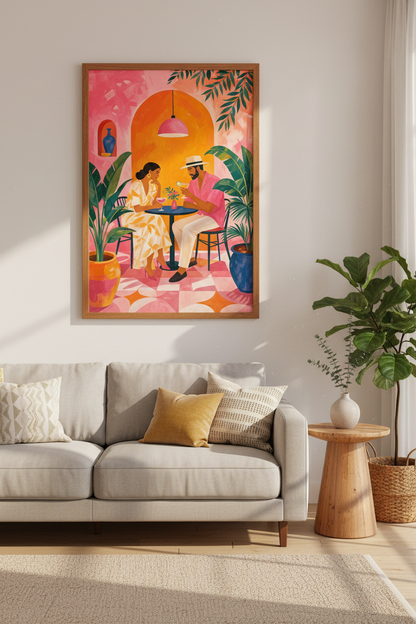 Romantic Couple Cocktail Wall Art | Tropical Boho Decor | Pink and Orange Vibrant Poster