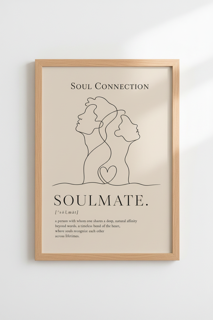 Soulmate Line Art Print | Minimalist Couple Wall Art | Beige Dictionary Poster