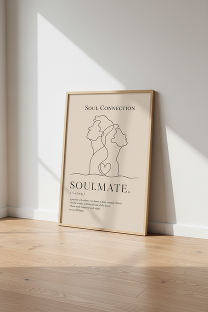 Soulmate Line Art Print | Minimalist Couple Wall Art | Beige Dictionary Poster