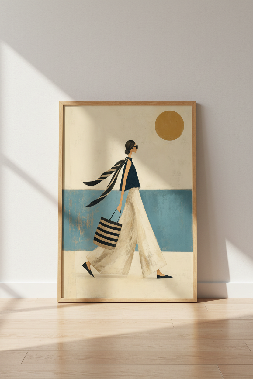 Chic Summer Woman Wall Art Print | Coastal Mediterranean Decor | Minimalist Poster
