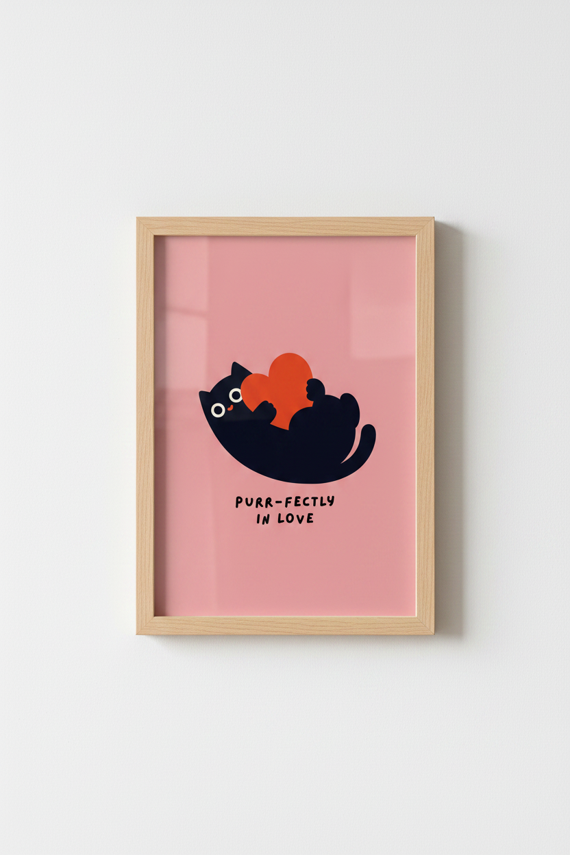 Black Cat Wall Art Print | Funny Nursery Decor | Minimalist Pink Poster