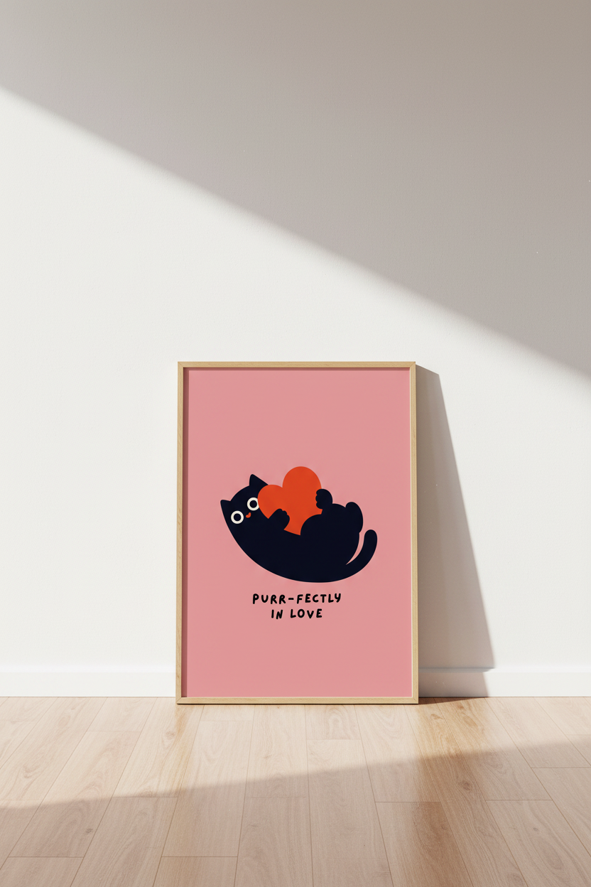 Black Cat Wall Art Print | Funny Nursery Decor | Minimalist Pink Poster