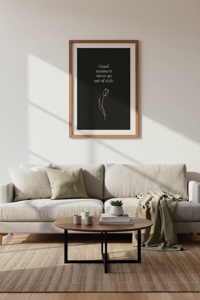 Classic Manners Quote Wall Art Print | Black Minimalist Floral Poster | Entryway Decor