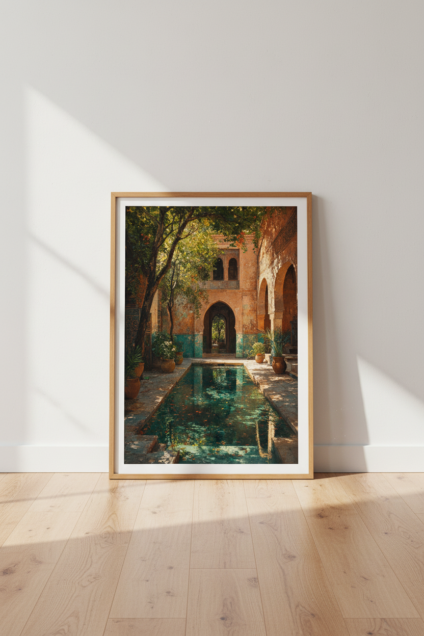 Moroccan Courtyard Wall Art | Emerald Pool Riad Print, Mediterranean Decor