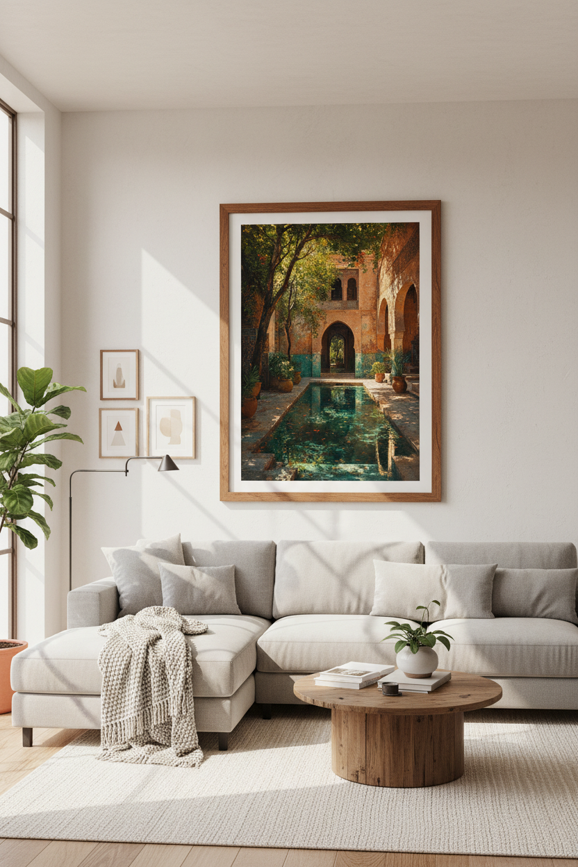 Moroccan Courtyard Wall Art | Emerald Pool Riad Print, Mediterranean Decor