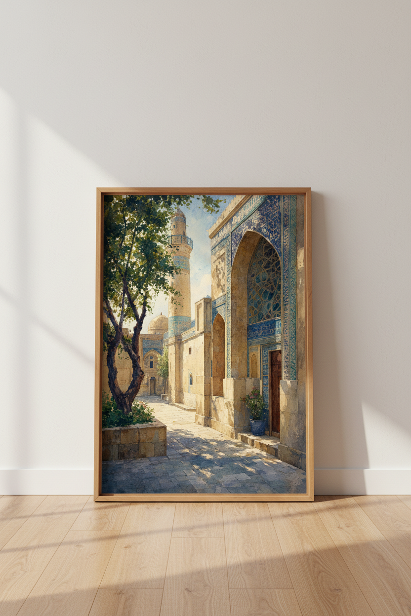 Islamic Architecture Watercolor | Blue Mosque Tile Art, Mediterranean Decor Poster