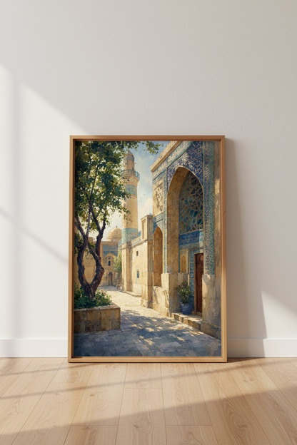 Islamic Architecture Watercolor | Blue Mosque Tile Art, Mediterranean Decor Poster
