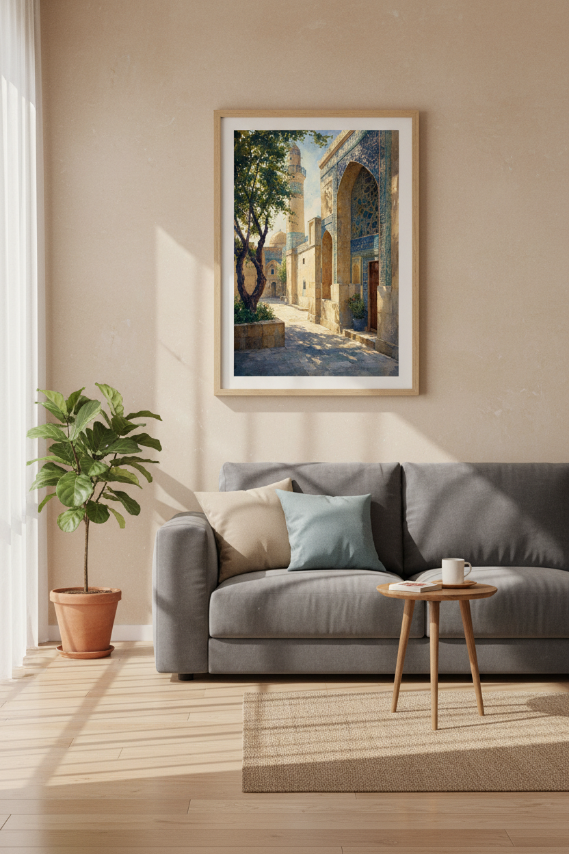 Islamic Architecture Watercolor | Blue Mosque Tile Art, Mediterranean Decor Poster
