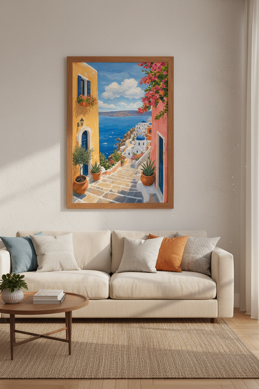 Santorini Greece Wall Art | Mediterranean Blue &amp; Gold Poster | Coastal Home Decor