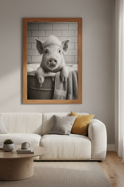 Pig in bathtub Wall Art Print | Bathroom Decor | Black and White Piglet Poster