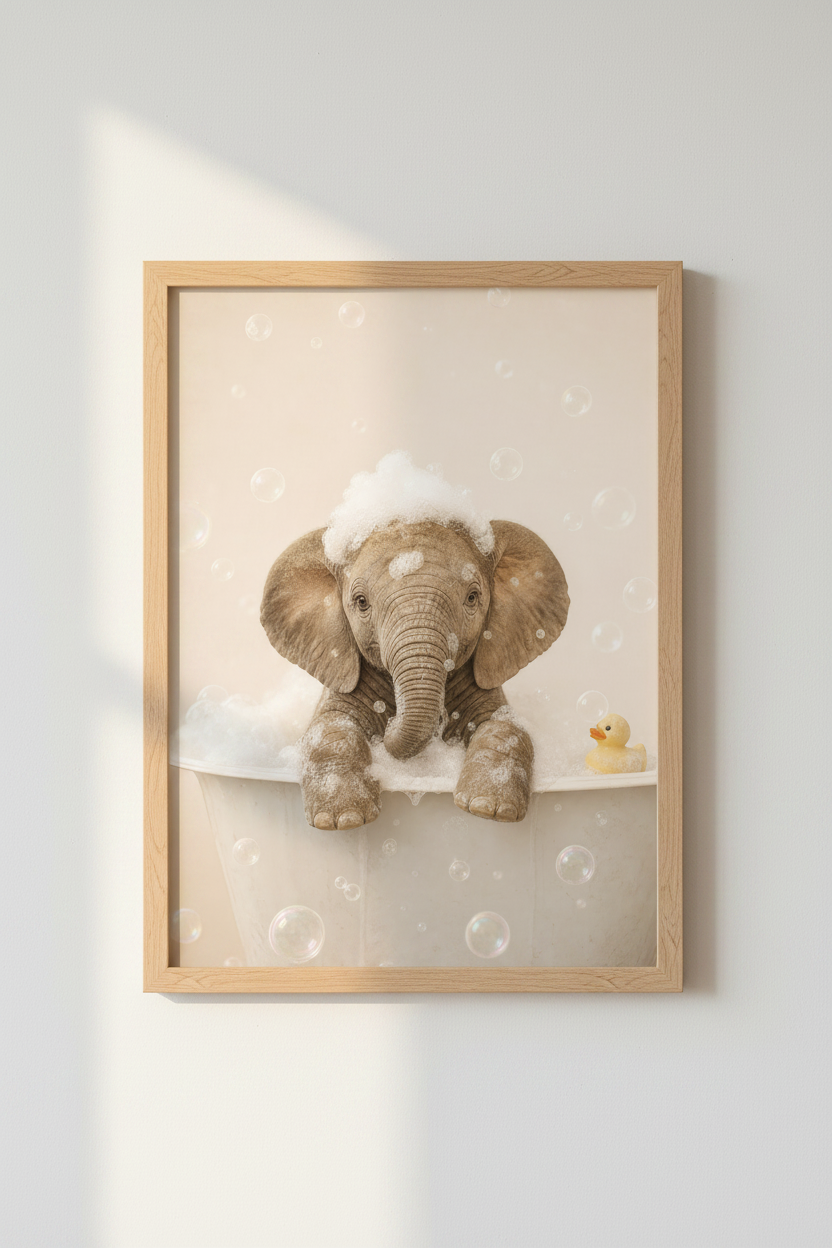 Baby Elephant Bathtub Print | Cute Safari Animal, Kids Bathroom Nursery Decor