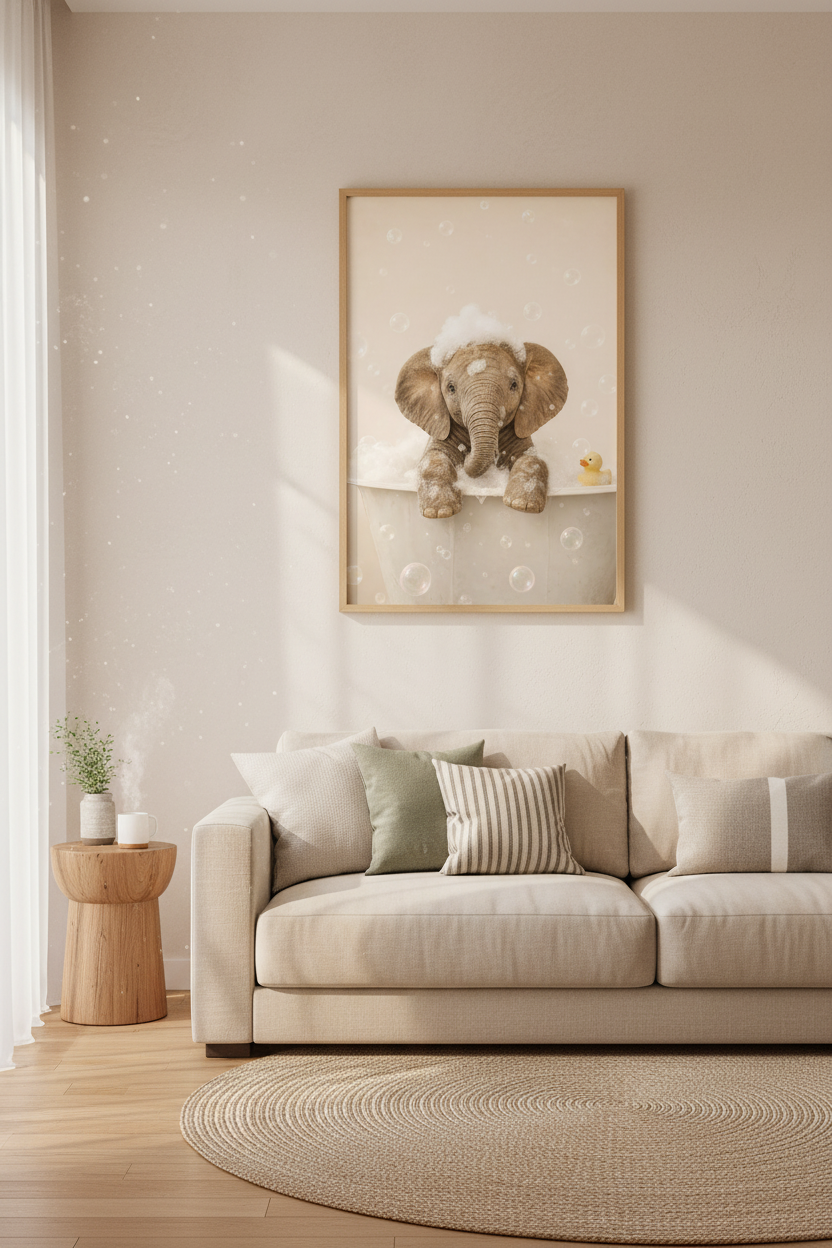 Baby Elephant Bathtub Print | Cute Safari Animal, Kids Bathroom Nursery Decor