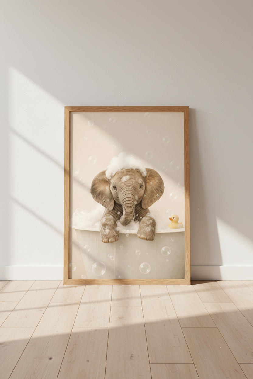 Baby Elephant Bathtub Print | Cute Safari Animal, Kids Bathroom Nursery Decor