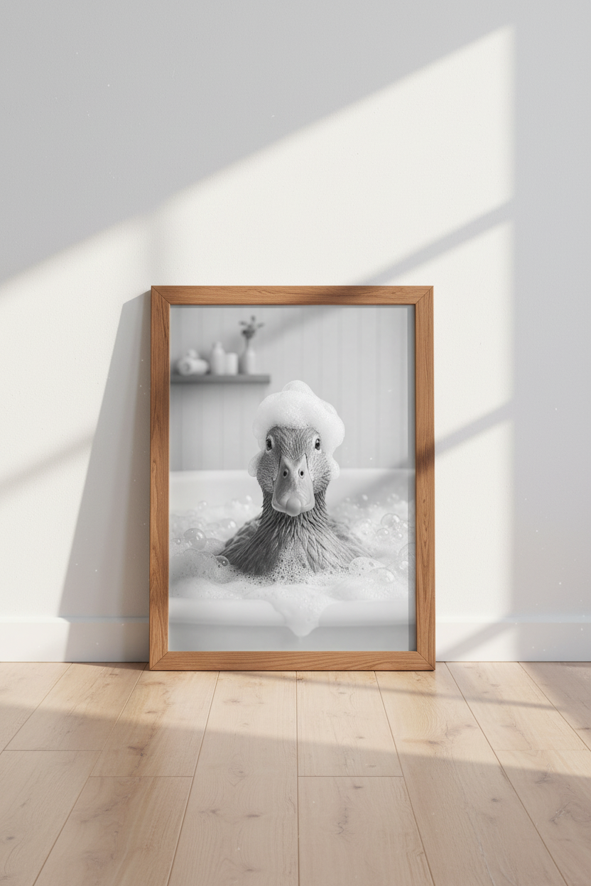 Funny Duck in Bathtub Wall Art | Black and White Bathroom Decor | Animal Poster